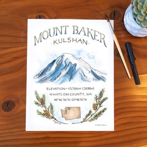 Mount Baker Berg Aquarell Illustration Bellingham Wand Kunst Karte Drucken Gemälde
