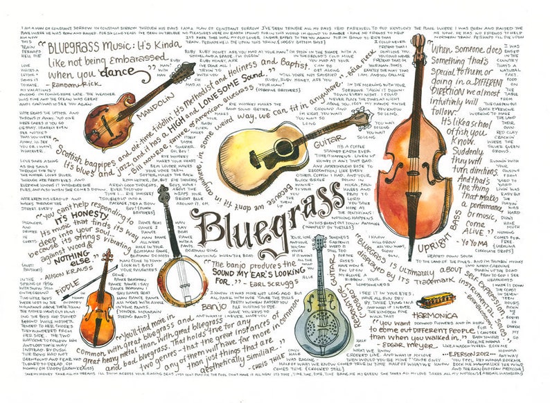 Bluegrass Illustration artwork Instruments banjo bass mandolin | Etsy
