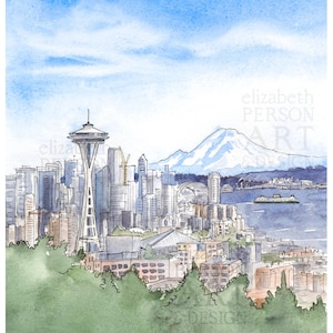 Setattle Stadtbild Aquarell Illustration Innenstadt Ansichten Ferry Rainier Space Needle Reise Souvenir Wand Kunst Karte Druck Gemälde