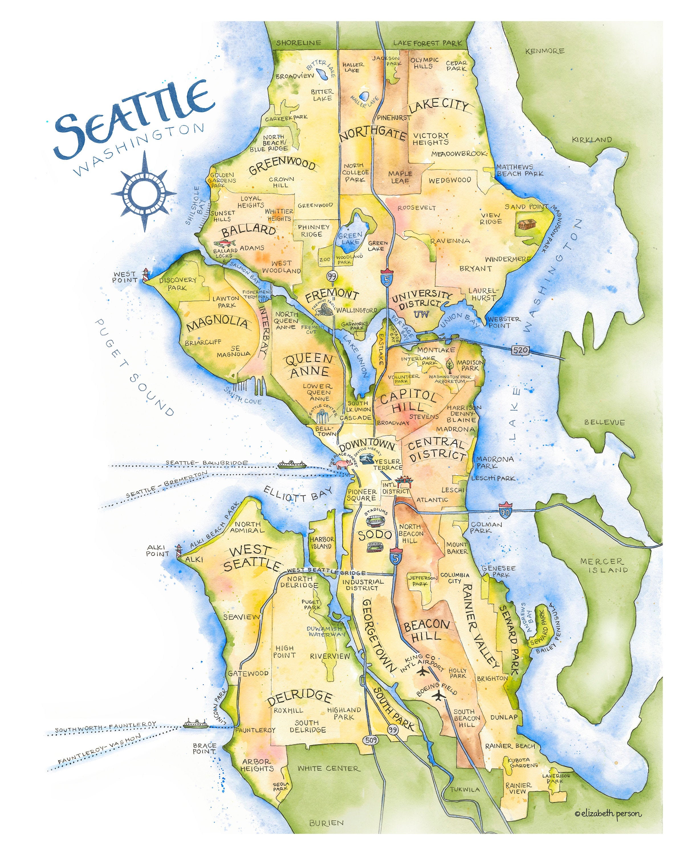 Seattle Map Watercolor Illustration Puget Sound Neighborhood | Etsy