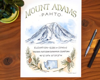 Mount Adams Mountain Watercolor Illustration Wall Art Map Print Painting