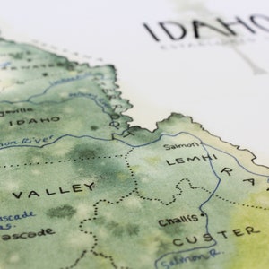 Mapa del estado de Idaho Acuarela Ilustración ID Mapa Boise Sandpoint Mapa Pared Arte Impresión Rockies Regalo imagen 3