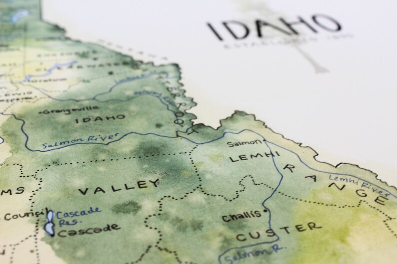 Mapa del estado de Idaho Acuarela Ilustración ID Mapa Boise Sandpoint Mapa Pared Arte Impresión Rockies Regalo imagen 3