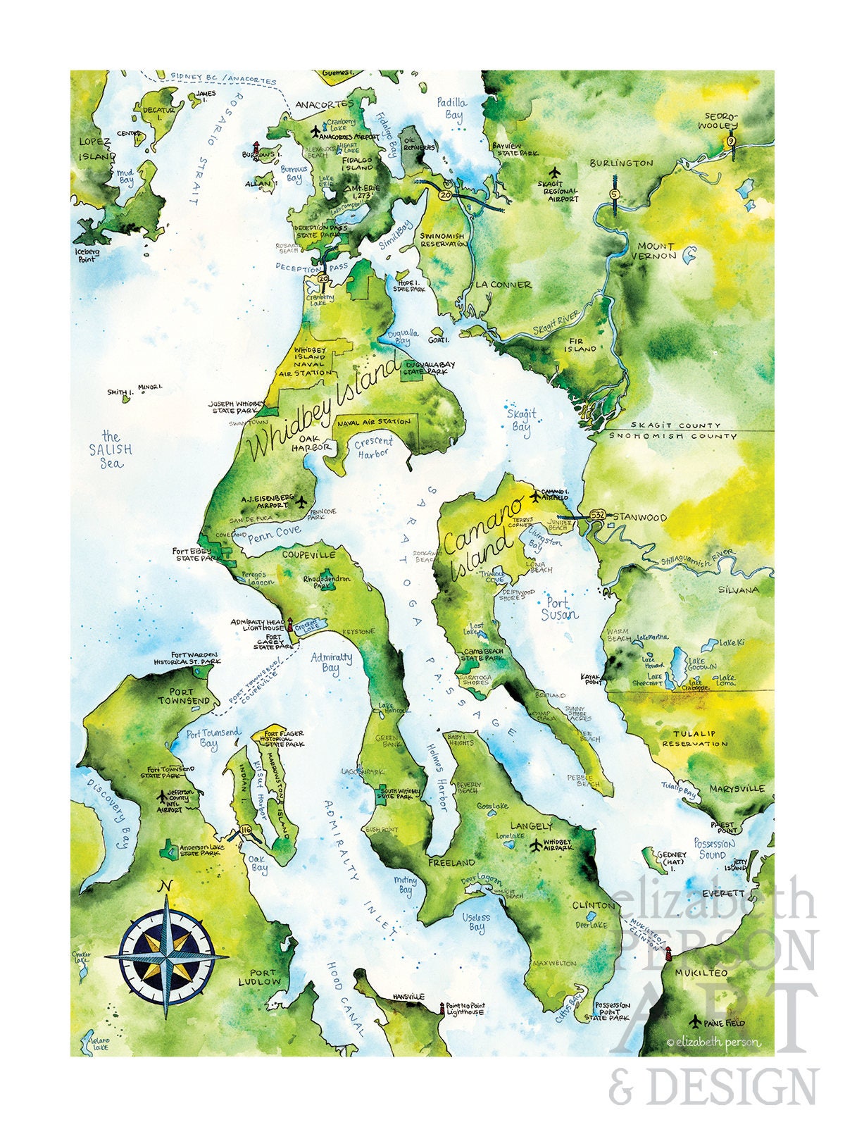 Whidbey Island and Camano Island Map Watercolor Illustration photo picture