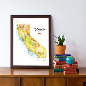 California State Karte Aquarell Illustration CA Counties Westküste Wand Kunst Druck Geschenk