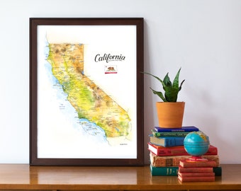 California State Map Watercolor Illustration CA Counties West Coast Wall Art Print Gift