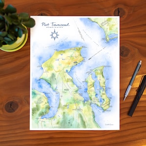 Port Townsend Karte Aquarell Illustration Salish Seekarte Fort Warden Mchromstone Wand Kunst Karte Druck Gemälde