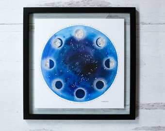 Fases lunares Ilustración Ciclos lunares Encerado Menguante Gibosa Luna llena Luna nueva Pared Bellas artes Póster Impresión