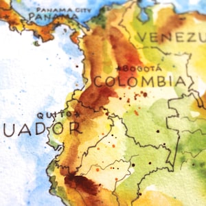 May include: A watercolor map of South America with the countries of Ecuador, Colombia, and Venezuela labeled. The map is painted in shades of green, yellow, brown, and orange.
