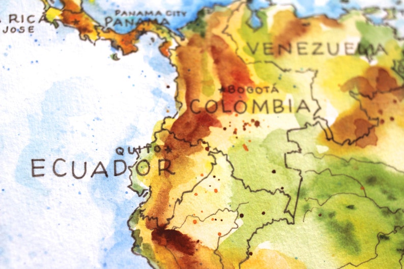 May include: A watercolor map of South America with the countries of Ecuador, Colombia, and Venezuela labeled. The map is painted in shades of green, yellow, brown, and orange.