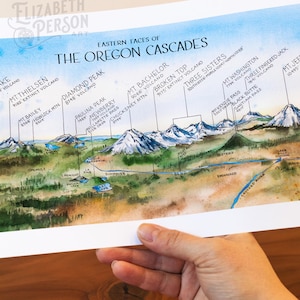 Eastern Faces of the Oregon Cascades Watercolor Illustration Peaks Crater Lake Bachelor Three Sisters Bend OR Mountain Range Chart Wall Art