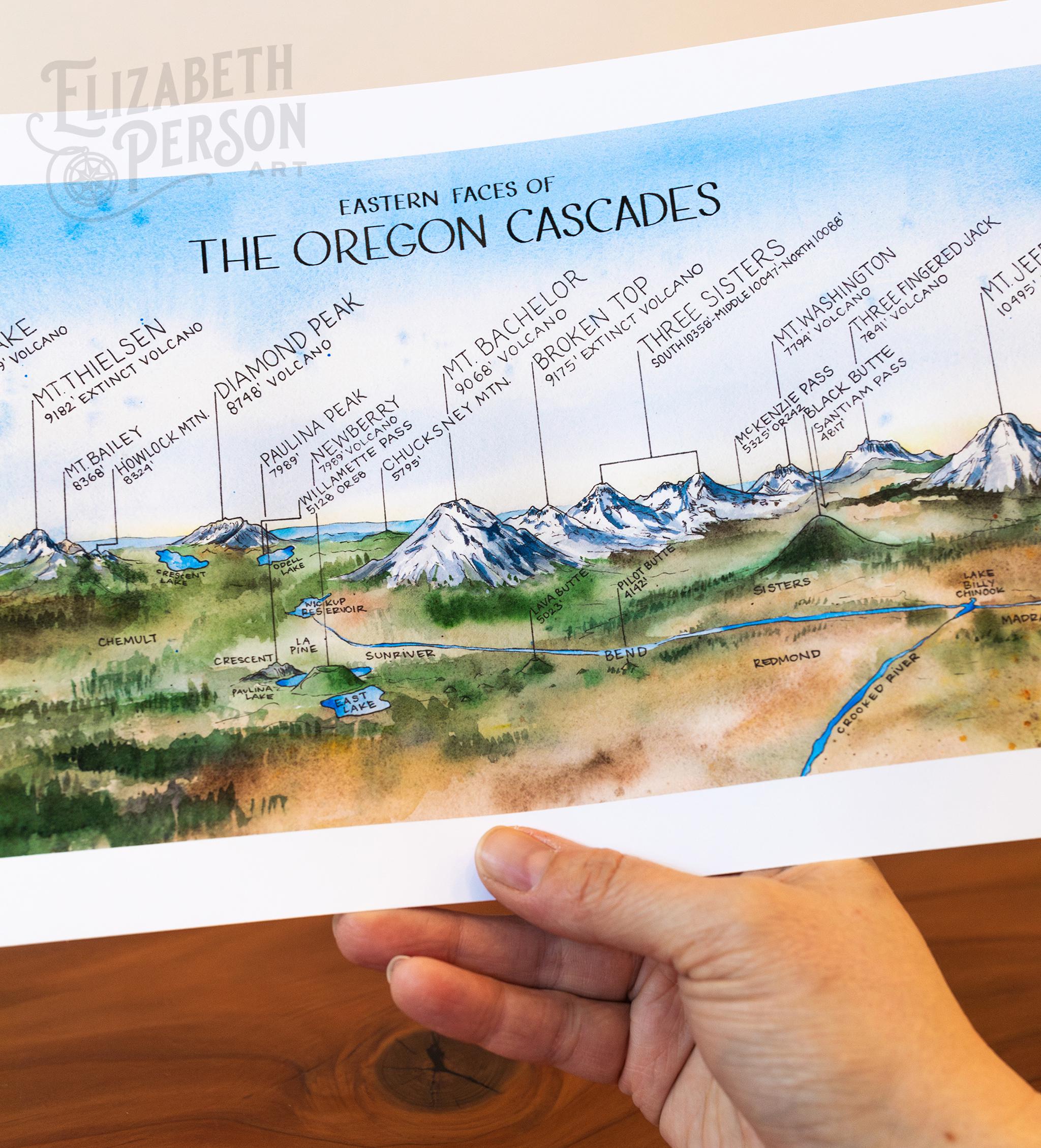 オレゴンカスケード山脈の東側の水彩画イラスト、クレーターレイクの峰