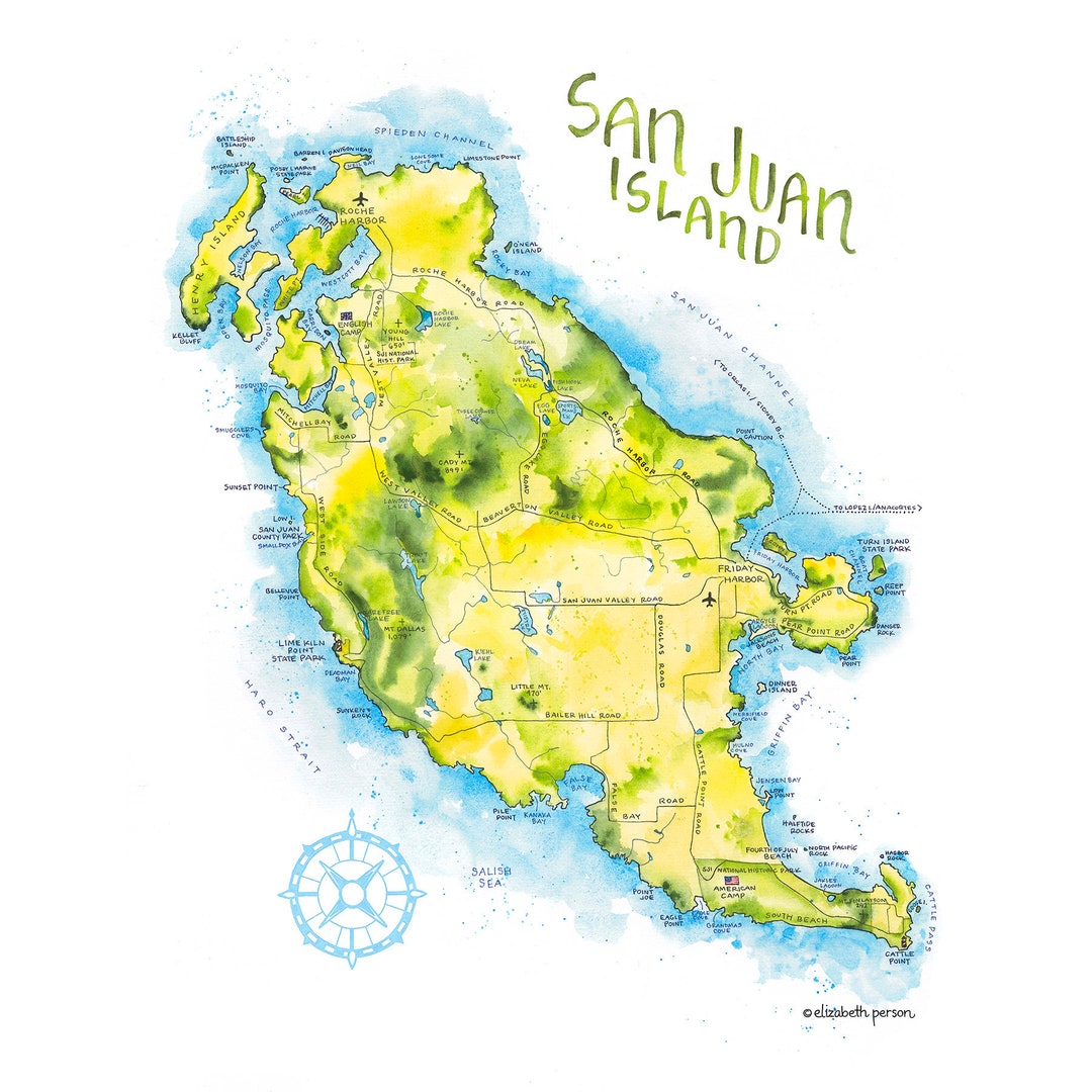 San Juan Island Wa Map Watercolor Illustration Nautical Map Friday Harbor Roche Harbor Wall Art ...