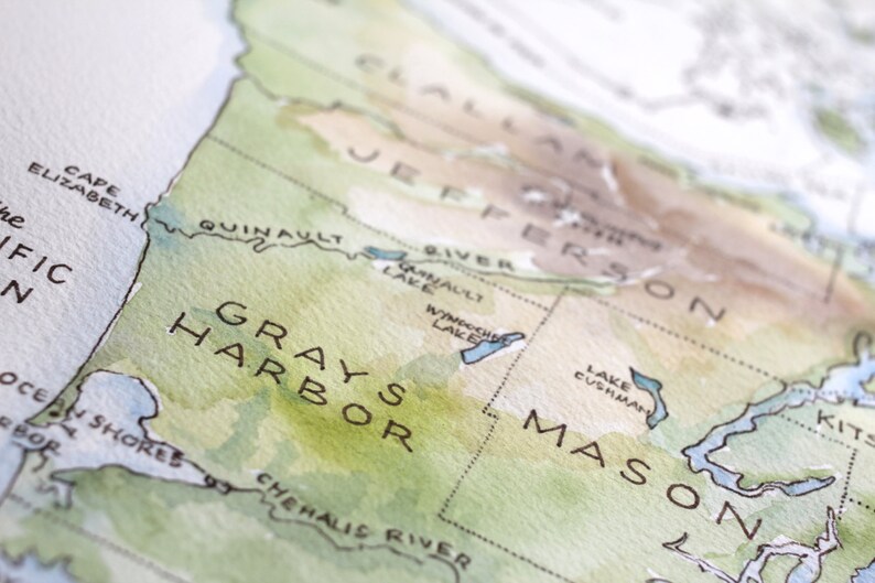 May include: A watercolor map of the state of Washington, showing the location of Grays Harbor, Jefferson, and Mason counties. The map is painted in shades of green, brown, and blue.