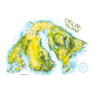 Orcas Island Wa Karte Aquarell Illustration Seekarte Rosario Olga Doe Bay Wandkunst SJI Druck San Juan Islands Karte Kunstdruck Geschenk