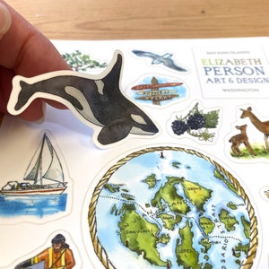 Arkusz naklejek na wyspy San Juan Ilustracja akwarelowa Prom w Waszyngtonie Friday Harbor Roche Anacortes Puget Sound Prezent artystyczny