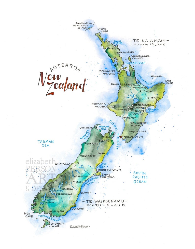 Carte de la Nouvelle-Zélande, illustration à l'aquarelle, affiche d'art mural carte d'Auckland, Nouvelle-Zélande image 1