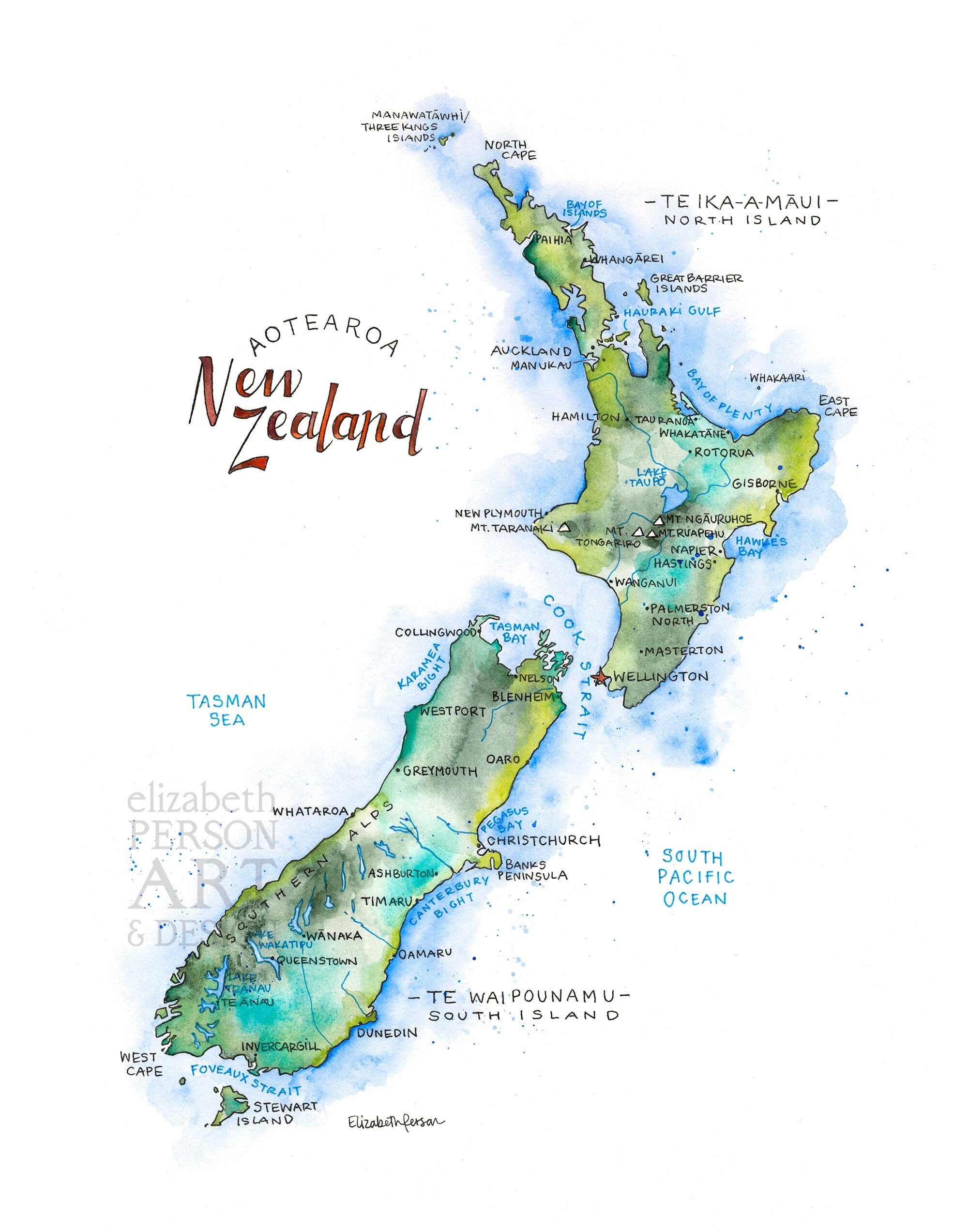 New Zealand Map Watercolor Illustration NZ Auckland Map Wall