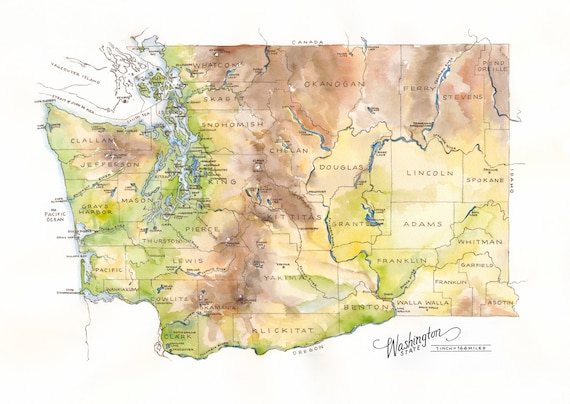 Washington State Map Watercolor Illustration State of Washington Seattle Pacific Northwest Spokane Puget Sound Art Print Gift PNW Wall Art