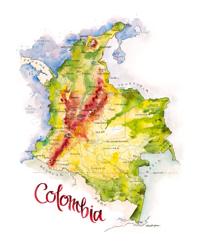 Colombia Map Watercolor Illustration Bogata The Andes South Etsy