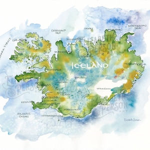 May include: A watercolor map of Iceland featuring green and yellow landmasses surrounded by blue ocean washes. The map includes labels for cities, regions, and bodies of water, with the word ICELAND printed in white in the center of the island.