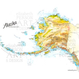 Illustration à l'aquarelle de la carte de l'Alaska État de l'Alaska Anchorage, nord-ouest du Pacifique, baie de Bristol, Ketchikan, Juneau, carte des îles Aluétiennes Impression artistique
