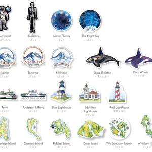 K&ouml;nnte beinhalten: Ein Set mit 16 illustrierten Aufklebern mit verschiedenen Designs, darunter ein Astronaut, ein Skelett, Mondphasen, der Nachthimmel, Mount Rainier, Mount Tahoma, Mount Hood, ein Orca-Skelett, ein Orca-Wal, eine F&auml;hre, die Anderson Island F&auml;hre, ein blauer Leuchtturm, ein Mukilteo Leuchtturm, ein roter Leuchtturm, Bainbridge Island, Camano Island, Fidalgo Island, Orcas Island, die San Juan Islands und Whidbey Island.
