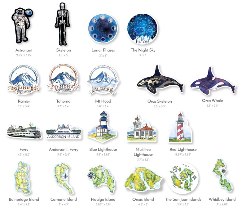 K&ouml;nnte beinhalten: Ein Set mit 16 illustrierten Aufklebern mit verschiedenen Designs, darunter ein Astronaut, ein Skelett, Mondphasen, der Nachthimmel, Mount Rainier, Mount Tahoma, Mount Hood, ein Orca-Skelett, ein Orca-Wal, eine F&auml;hre, die Anderson Island F&auml;hre, ein blauer Leuchtturm, ein Mukilteo Leuchtturm, ein roter Leuchtturm, Bainbridge Island, Camano Island, Fidalgo Island, Orcas Island, die San Juan Islands und Whidbey Island.