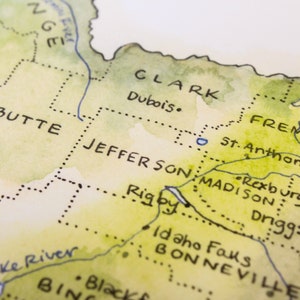 Mapa del estado de Idaho Acuarela Ilustración ID Mapa Boise Sandpoint Mapa Pared Arte Impresión Rockies Regalo imagen 5