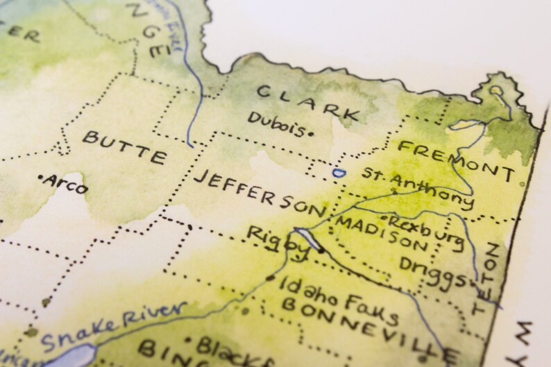 Mapa del estado de Idaho Acuarela Ilustración ID Mapa Boise Sandpoint Mapa Pared Arte Impresión Rockies Regalo imagen 5
