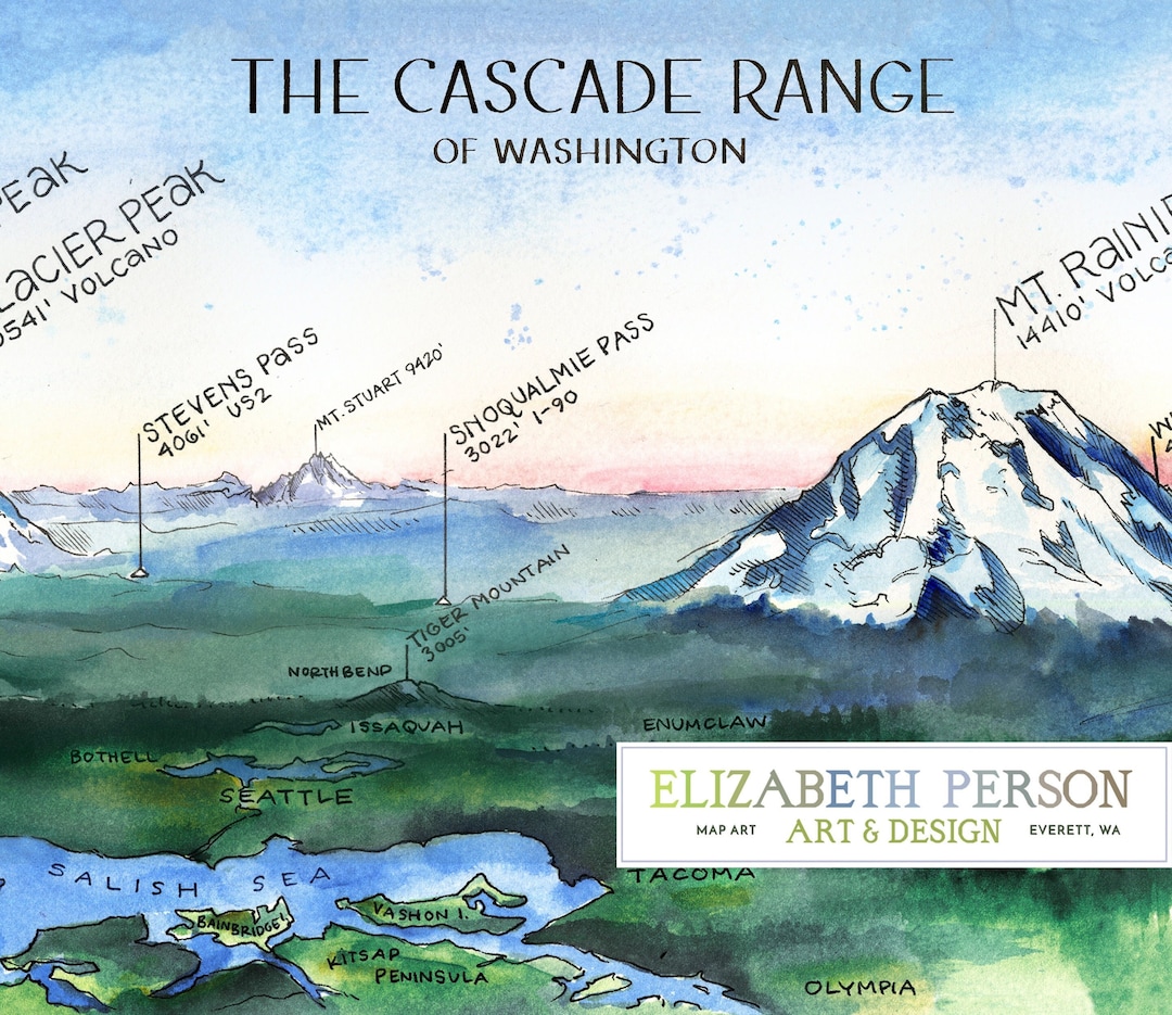Washington Cascades aquarel illustratie Cascade Range Mountains Baker  Glacier Rainier Hood St. Helens Range Chart WA Mountain Wall Art - Etsy  België, image size:1080x935