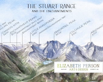 Stuart Range and the Enchantments Watercolor Illustration Cascade Range Mountains Leavenworth Aasgard Colchuck Chart WA Mountain Wall Art