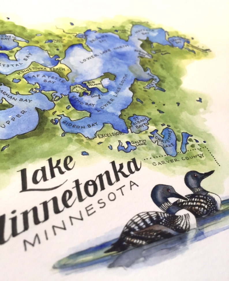 Lake Map Watercolor Illustration Minnesotan Wall Etsy
