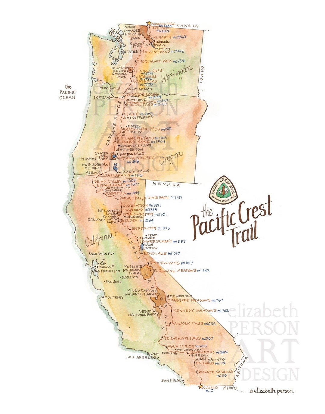 Pacific Crest Trail Map Detailed Watercolor PCT Thru hiker Gift