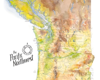May include: A watercolor map of the Pacific Northwest region of the United States, showing the states of Washington, Oregon, and Idaho. The map is labeled with the names of the states and major cities. The map is surrounded by a compass rose and the text "The Pacific Northwest".