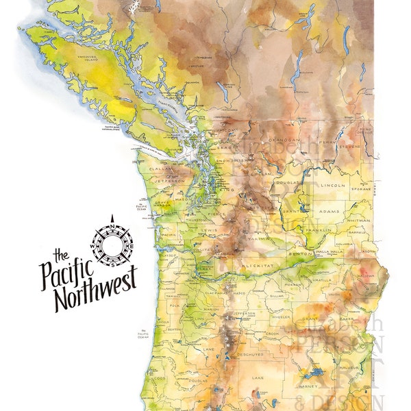 Pacific Northwest Map Watercolor Illustration Washington Oregon BC Map Upper Left USA Northwest PNW Wall Art Gift Local Print