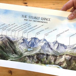 Stuart Range i Enchantments Ilustracja akwarelowa Góry Cascade Leavenworth Aasgard Colchuck Chart WA Mountain Wall Art