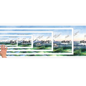 K&ouml;nnte beinhalten: Ein Vergleich von f&uuml;nf verschiedenen Gr&ouml;&szlig;en eines Aquarelldrucks der Cascade Range, einer Gebirgskette im Pazifischen Nordwesten. Der Druck zeigt die Cascade-Vulkane, darunter Mount Hood, Mount St. Helens und Mount Rainier. Die Gr&ouml;&szlig;en sind 15x5 Zoll, 24x8 Zoll, 36x12 Zoll, 48x16 Zoll und 60x20 Zoll.