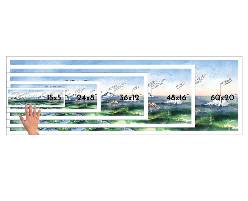 K&ouml;nnte beinhalten: Ein Vergleich von f&uuml;nf verschiedenen Gr&ouml;&szlig;en eines Aquarelldrucks der Cascade Range, einer Gebirgskette im Pazifischen Nordwesten. Der Druck zeigt die Cascade-Vulkane, darunter Mount Hood, Mount St. Helens und Mount Rainier. Die Gr&ouml;&szlig;en sind 15x5 Zoll, 24x8 Zoll, 36x12 Zoll, 48x16 Zoll und 60x20 Zoll.