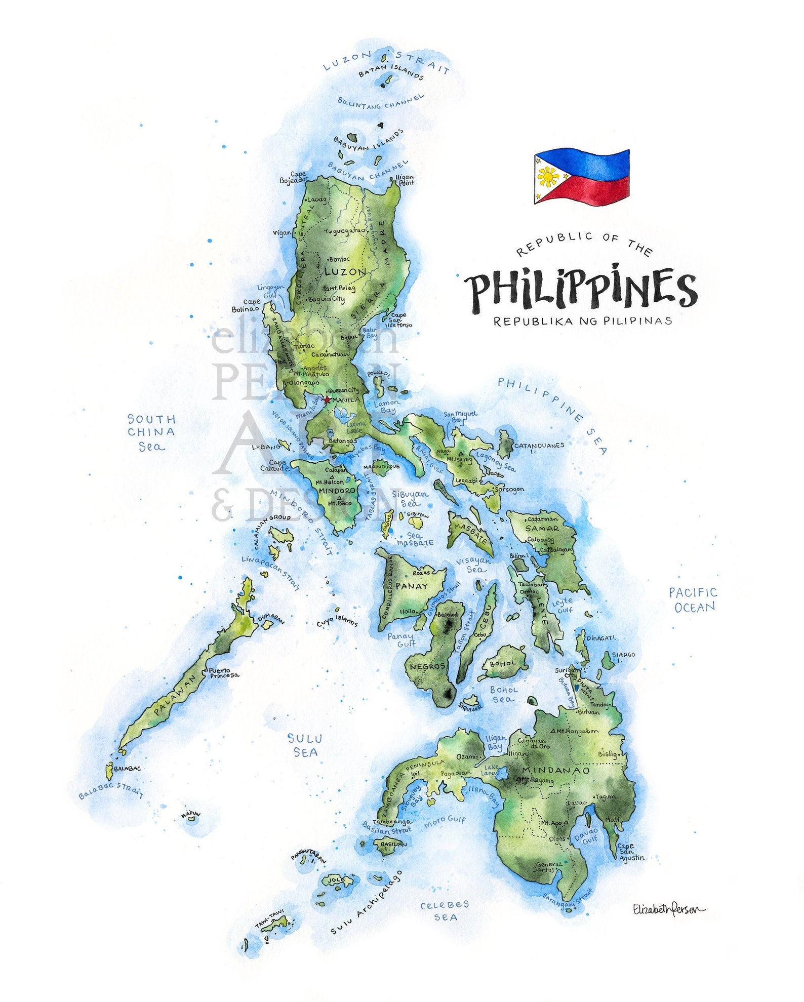Philippines Map Watercolor Illustration Filipino Manila Luzon Islands ...