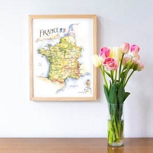 France Map Watercolor Illustration Paris Marseille Bordeaux Lyon Toulouse French Regions City Names Map Gift Wall Art Poster image 2