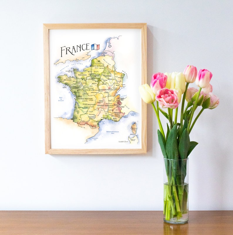 France Map Watercolor Illustration Paris Marseille Bordeaux Lyon Toulouse French Regions City Names Map Gift Wall Art Poster image 2