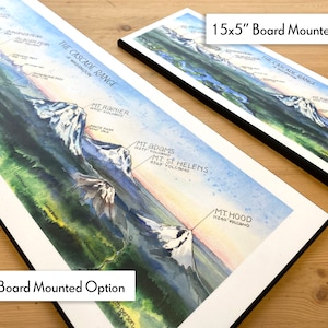 K&ouml;nnte beinhalten: Eine Aquarell-Illustration der Cascade Range im Bundesstaat Washington, die die wichtigsten Berge zeigt, darunter Mount Rainier, Mount Adams, Mount St. Helens und Mount Hood. Die Illustration ist auf Papier gedruckt und auf einem Brett montiert, erh&auml;ltlich in zwei Gr&ouml;&szlig;en: 15x5 Zoll und 24x8 Zoll.