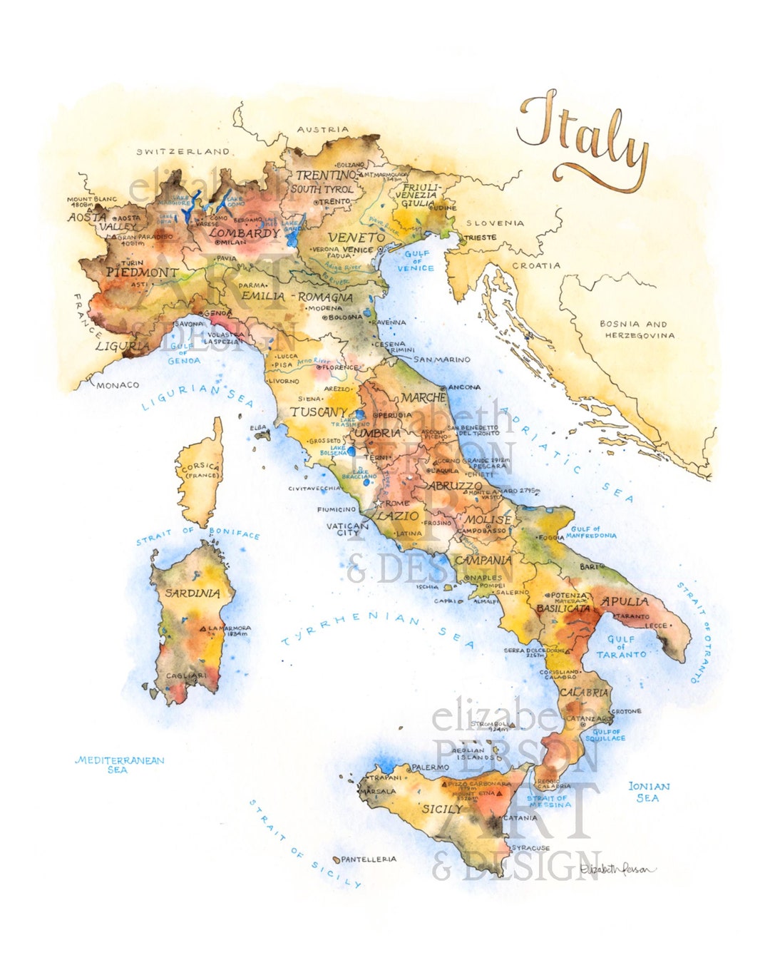 Italy Map Watercolor Illustration Venice Milan Naples Tuscany Rome