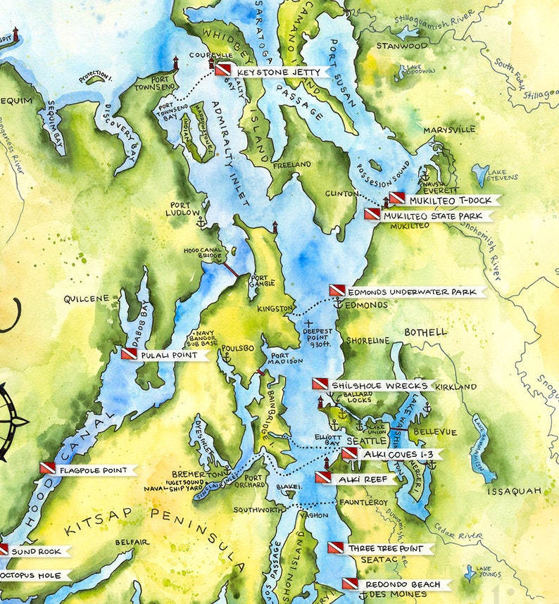 Dive Sites of Puget Sound Map Watercolor Illustration Puget Etsy
