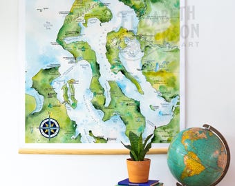 Whidbey Island & Camano Island Map Art Print, Large Washington Puget Sound Vinyl Map Decor