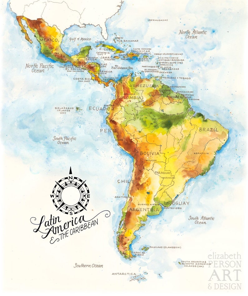 May include: A watercolor map of Latin America and the Caribbean, with countries outlined in black and filled with shades of green, yellow, and brown. The map includes the names of countries and major cities, as well as the names of the oceans surrounding the continent.