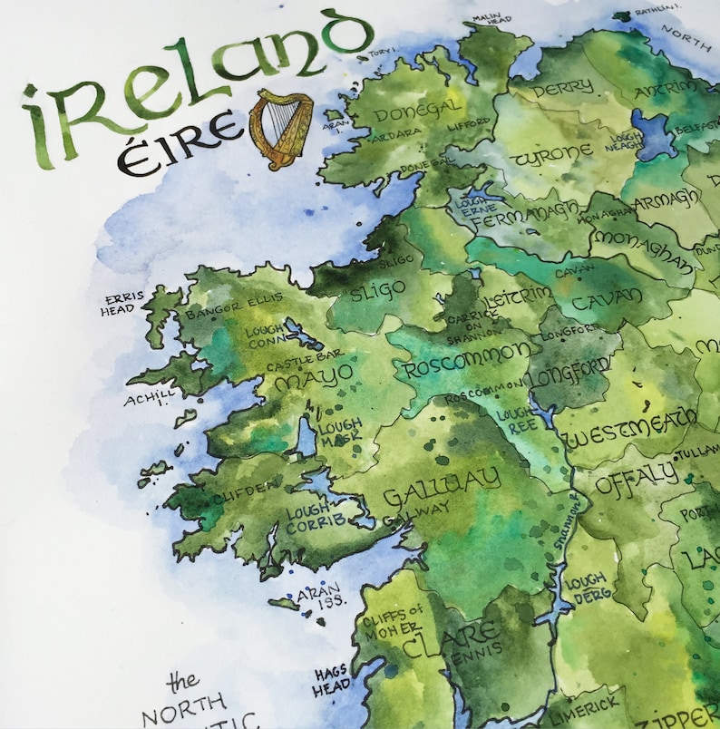 Ireland Map Watercolor Illustration Country of Ireland Irish County Dublin Northern Ireland Irish Éire Map Wall Art Print Poster image 2