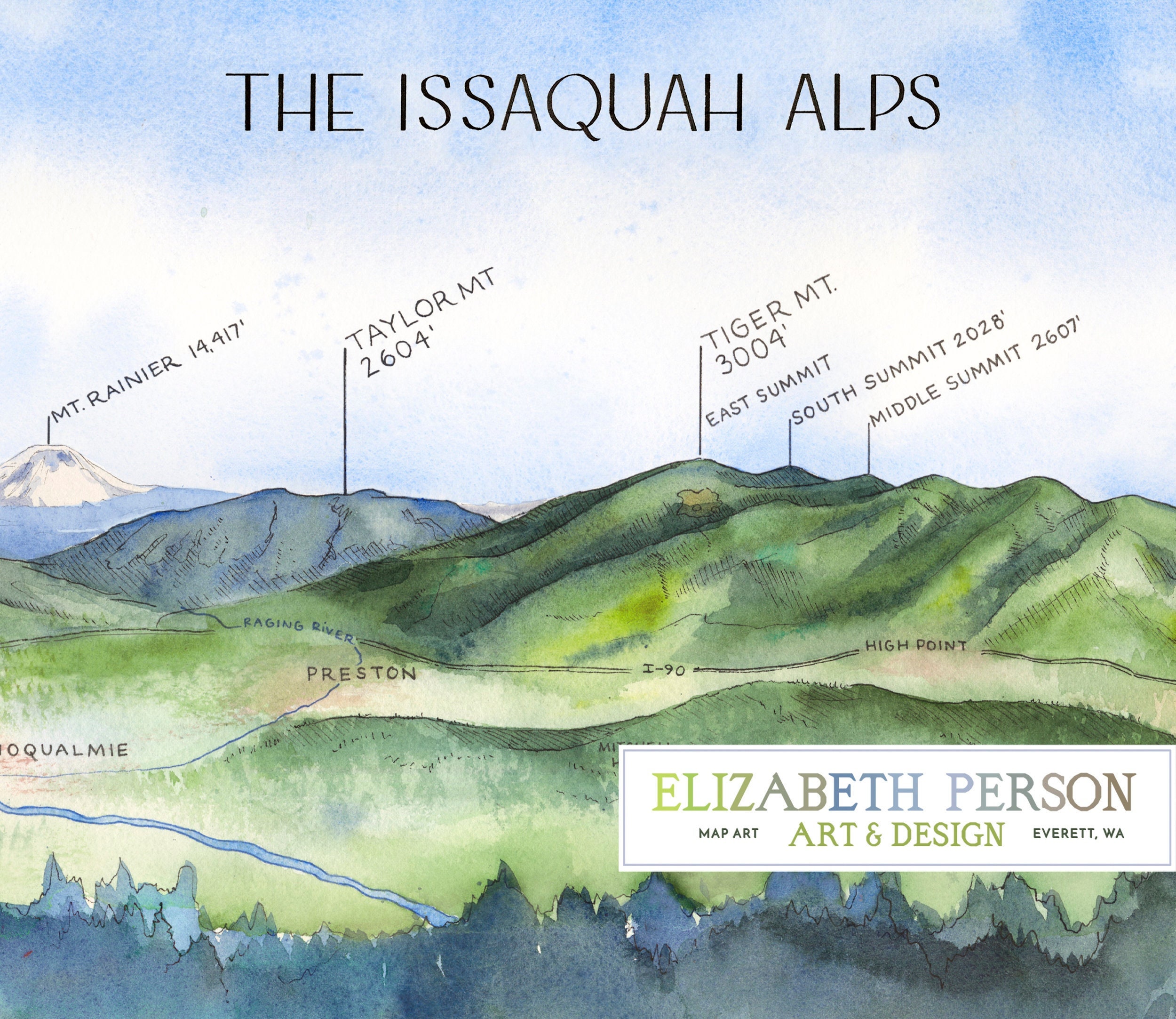 Issaquah Alps Watercolor Illustration Cascade Range Mountains