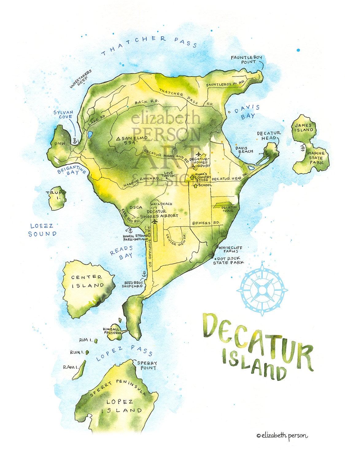 Decatur Island Wa Map Watercolor Illustration San Juan Islands